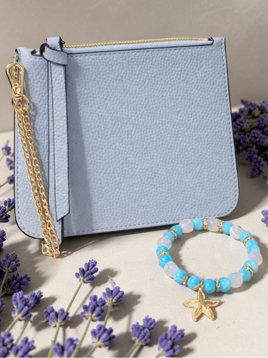 unbranded Handbags - Pebbled Light Blue Wristlet Clutch with Gold Chain Strap